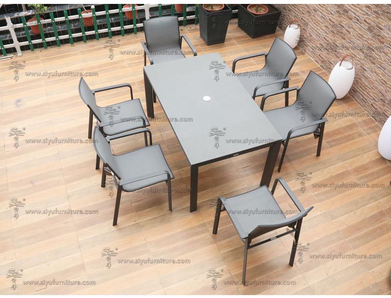 Black 6 seater sling dining set SY4005 siyu furniture outdoor rattan wicker furniture garden seating dining table set  (4)