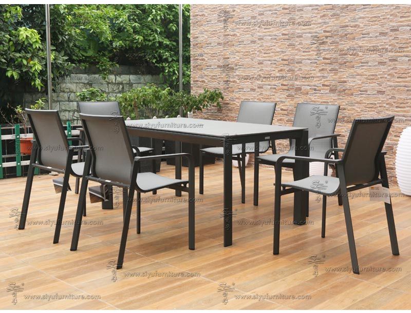 Black 6 seater sling dining set SY4005 siyu furniture outdoor rattan wicker furniture garden seating dining table set  (3)